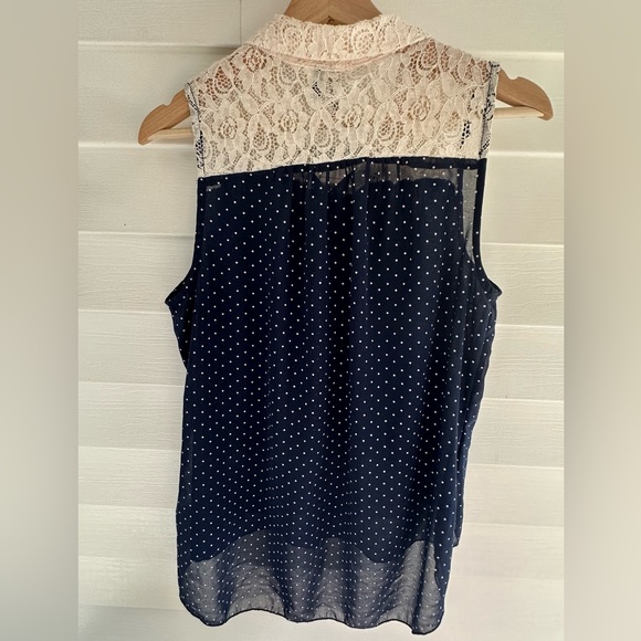 Flowy lace and sheer top with gold accent buttons. Cream and navy polka dot. - Picture 2 of 2